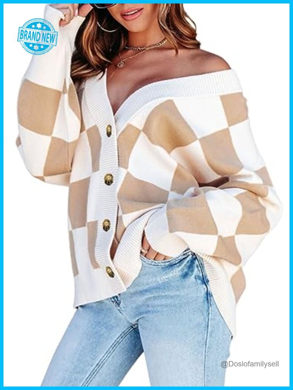 Oversized Cable Knit Plaid Button Down Cardigan Sweater